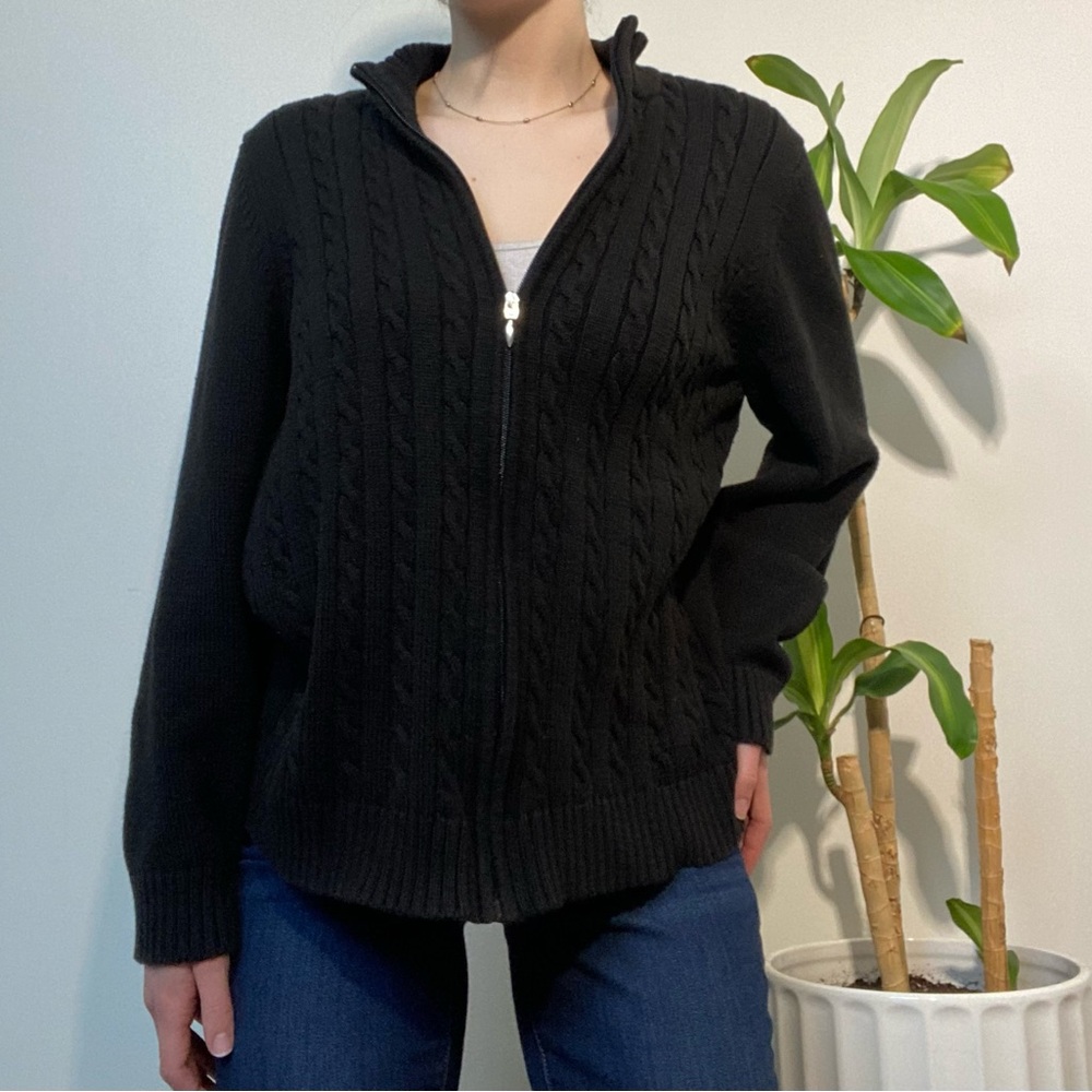 Classic Black Cable Knit Zip-Up Sweater – Size XL